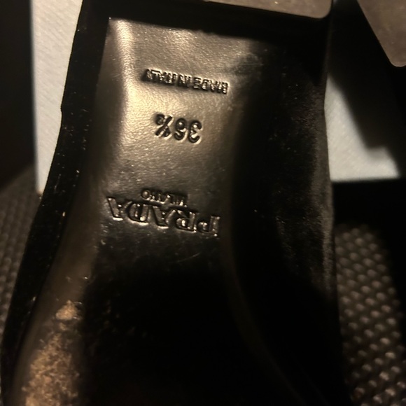 Black Velvet Prada loafer w/ leather fringe overlay. - Picture 2 of 6